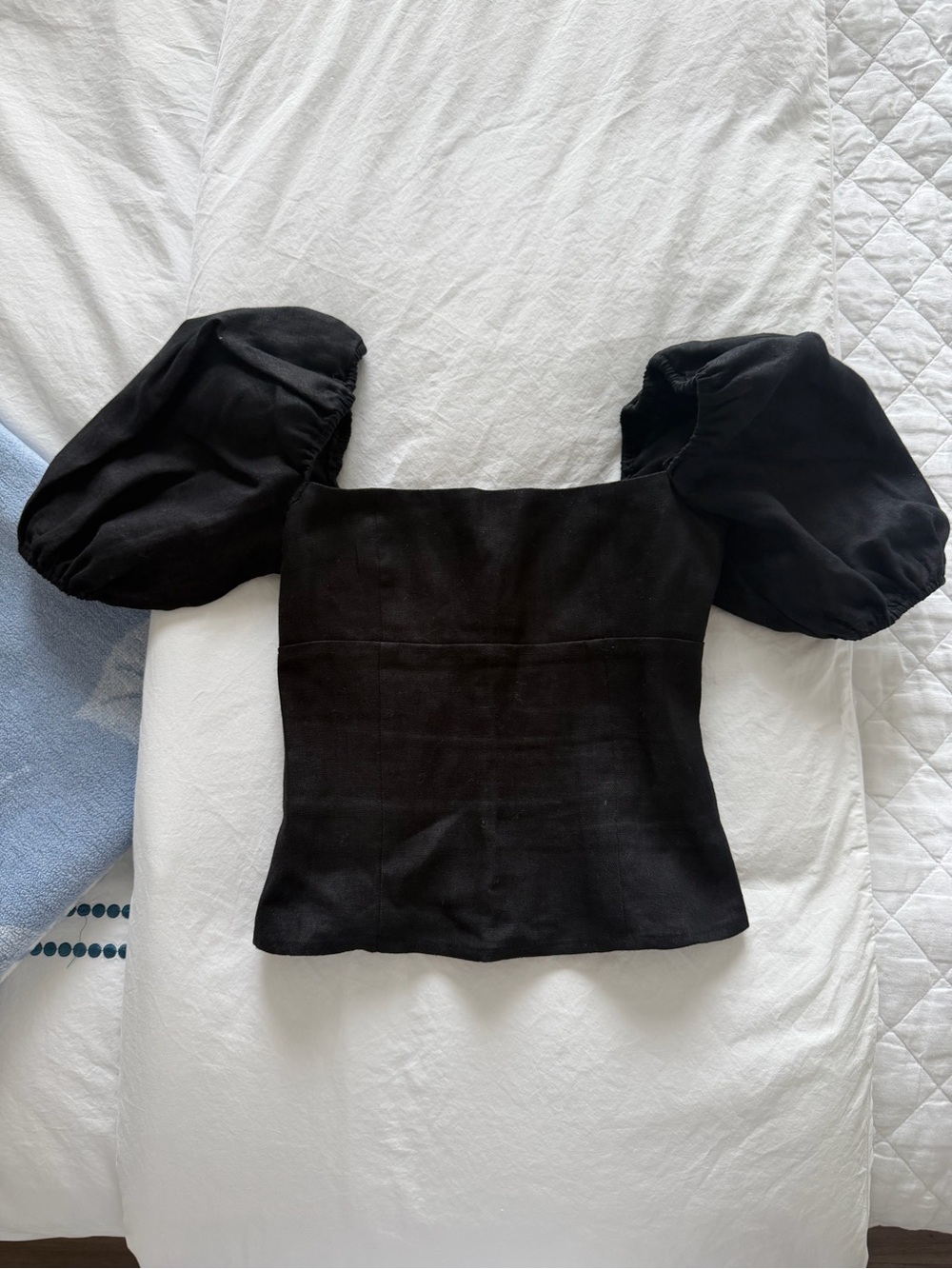 Reformation Black Linen ‘Arancini’ Puff Sleeve Top